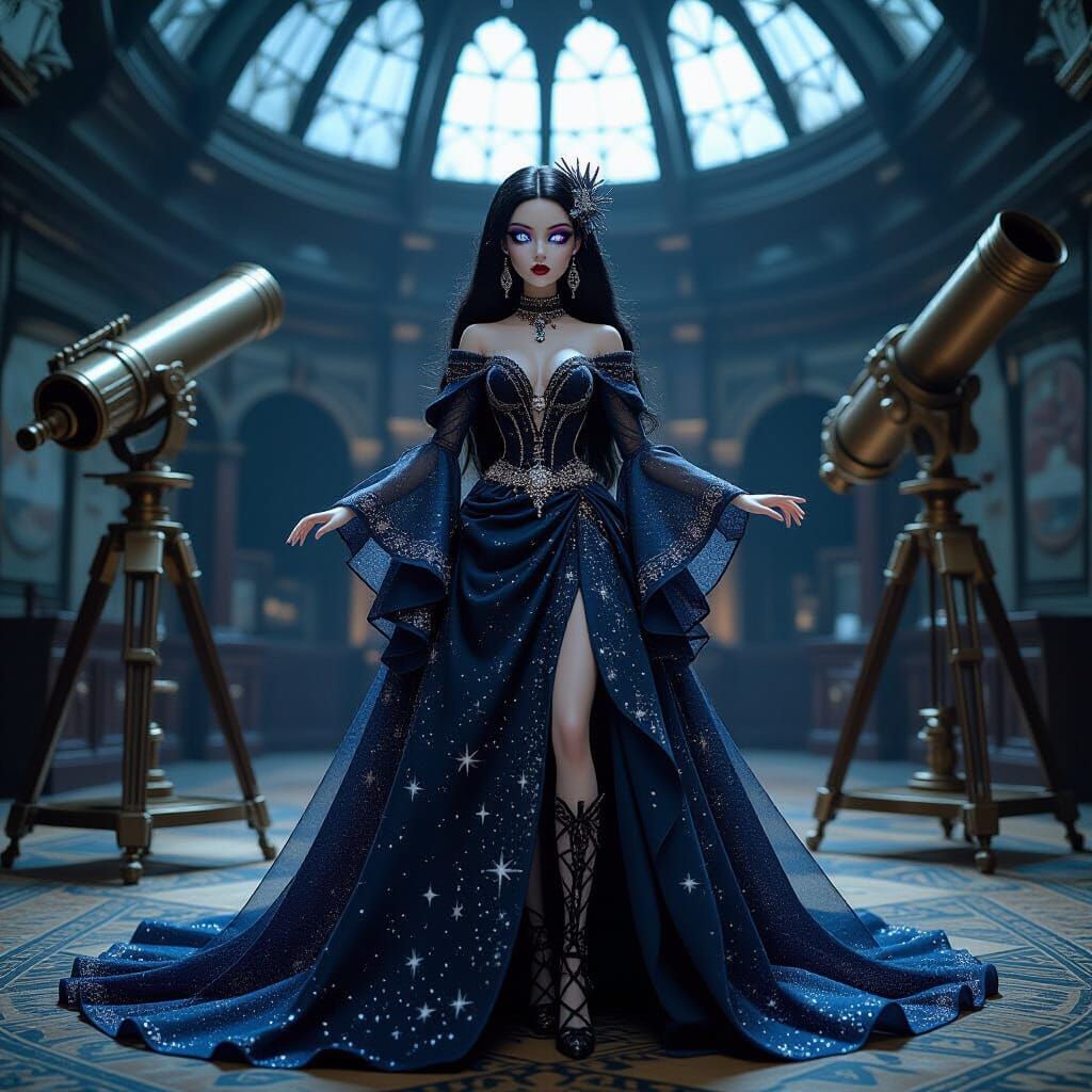 Gothic Fashion Doll in Observatory, Art Nouveau Style