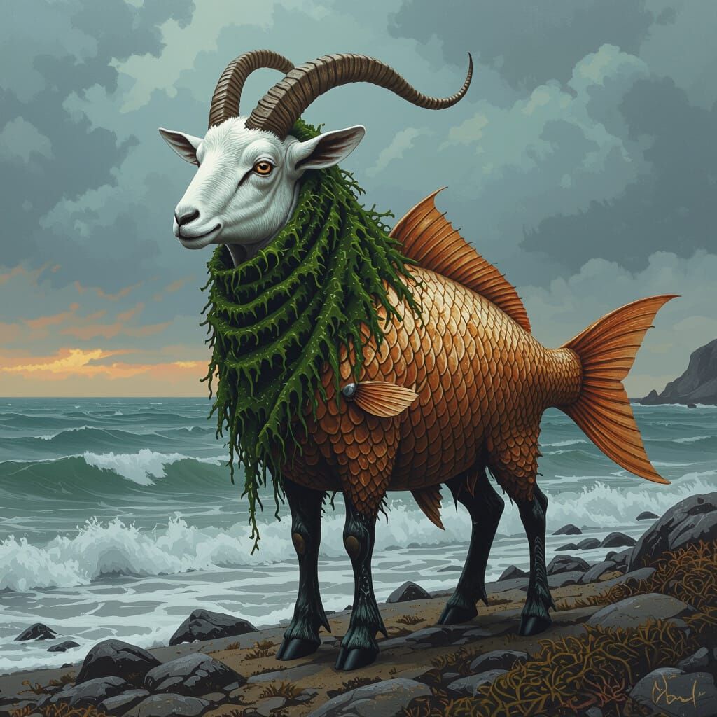 Biomechanical Fish-Goat Hybrid on Rocky Shore