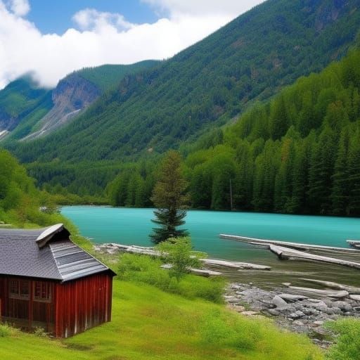 Beautiful lovely mountain wood cabin river landscape