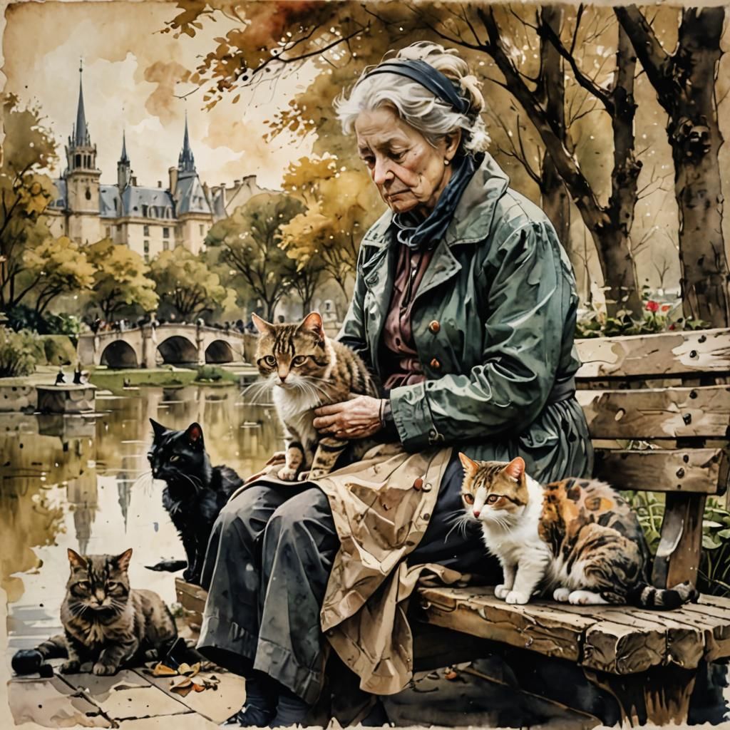 Sad French Lady with Cat in Paris, Ink and Watercolor