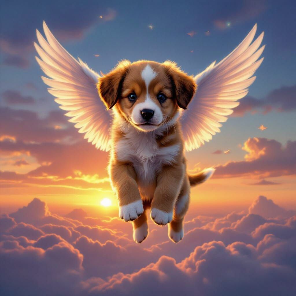 Winged Puppy in Ethereal Sunset Sky