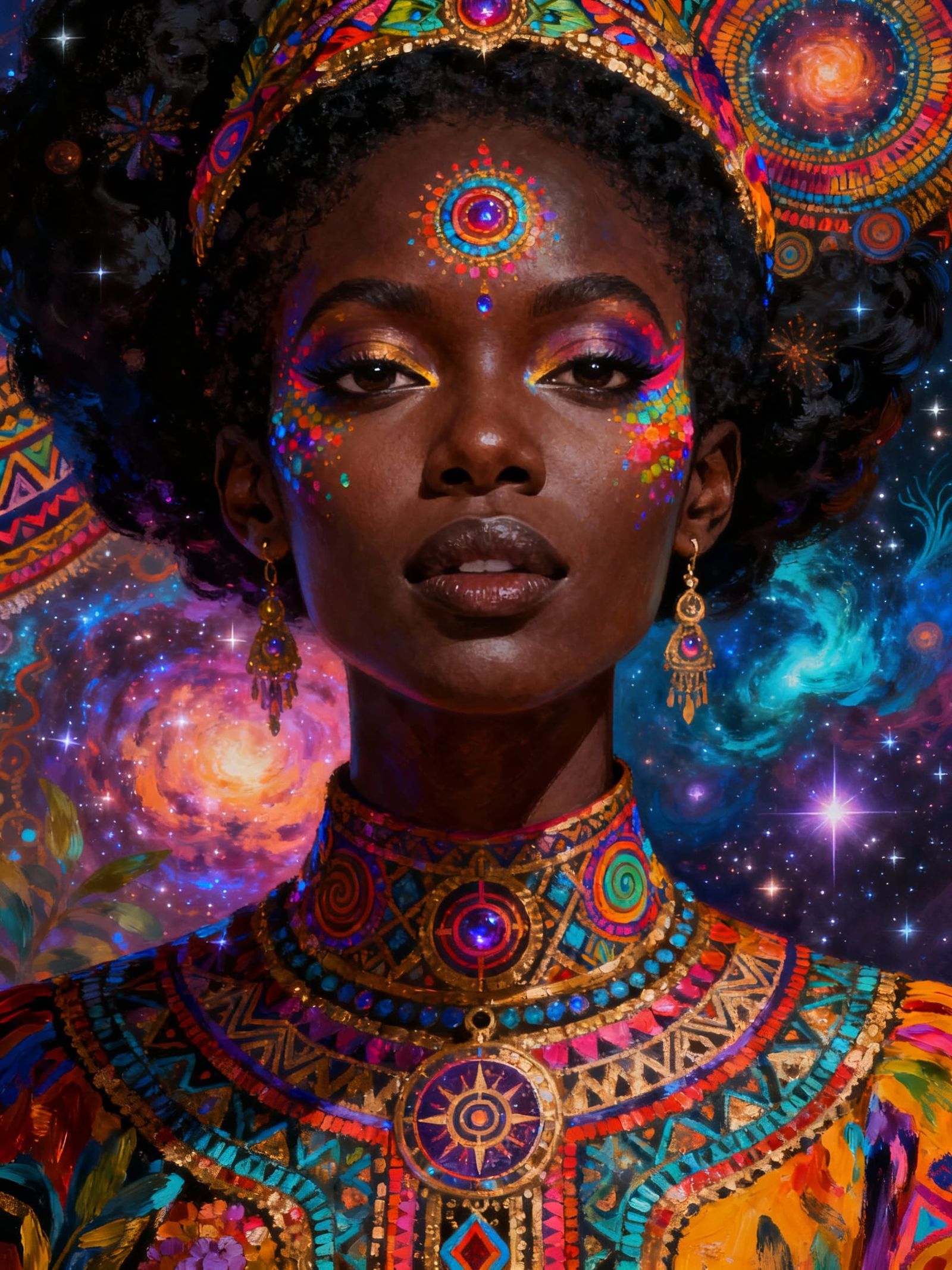 Regal Black Woman Adorned with Mystical Symbols
