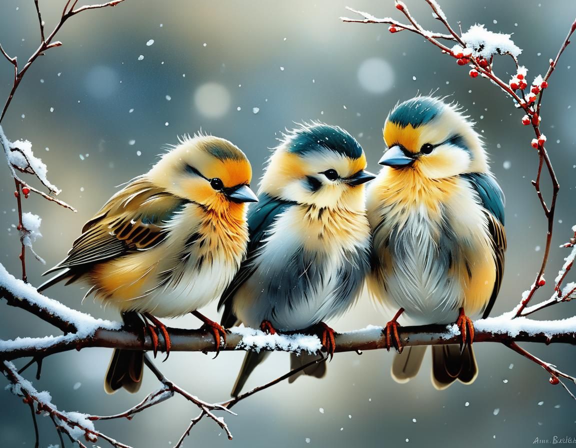 Fluffy Birds in Winter Snow, Detailed Digital Art