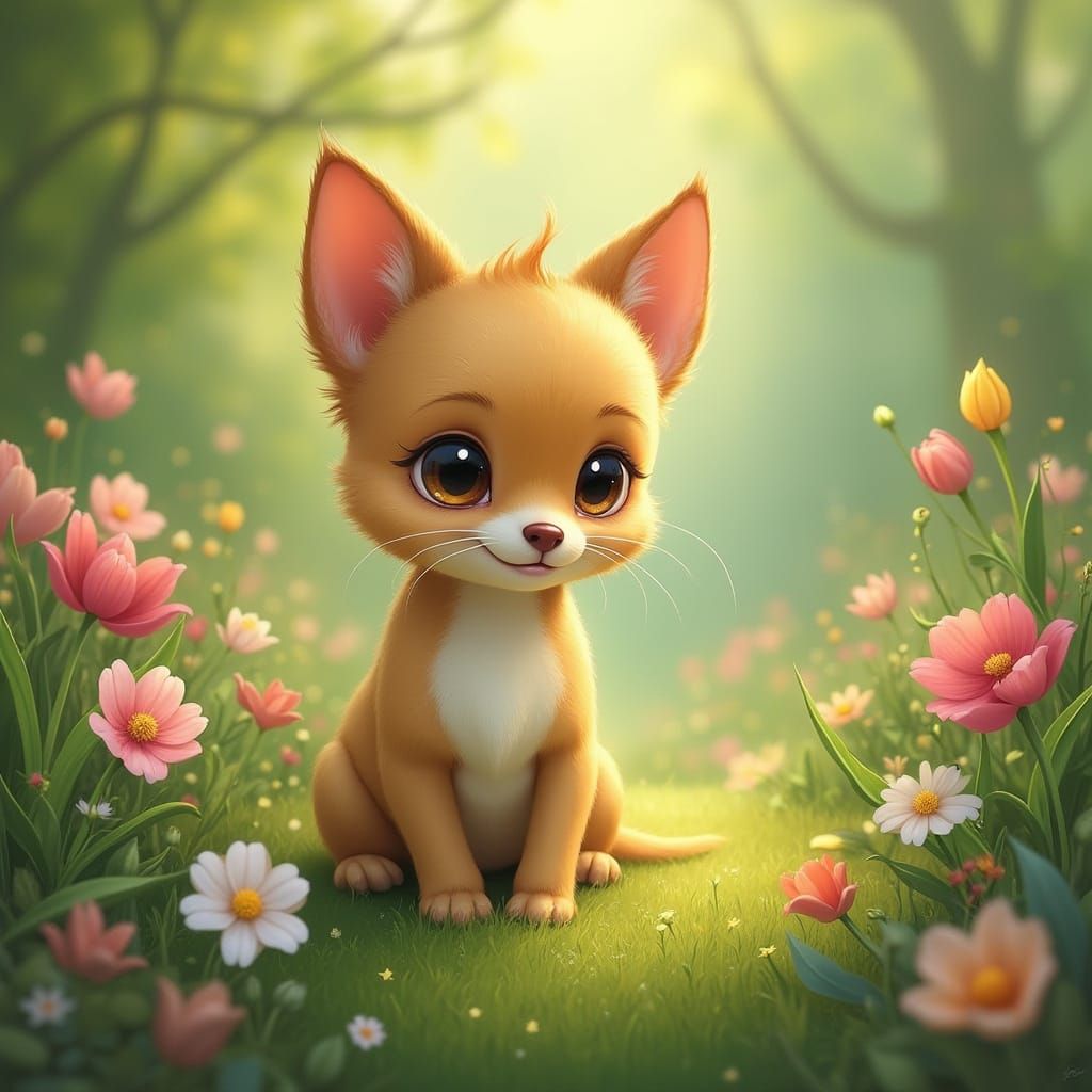 Cute Puppy Sits in Vibrant Floral Forest