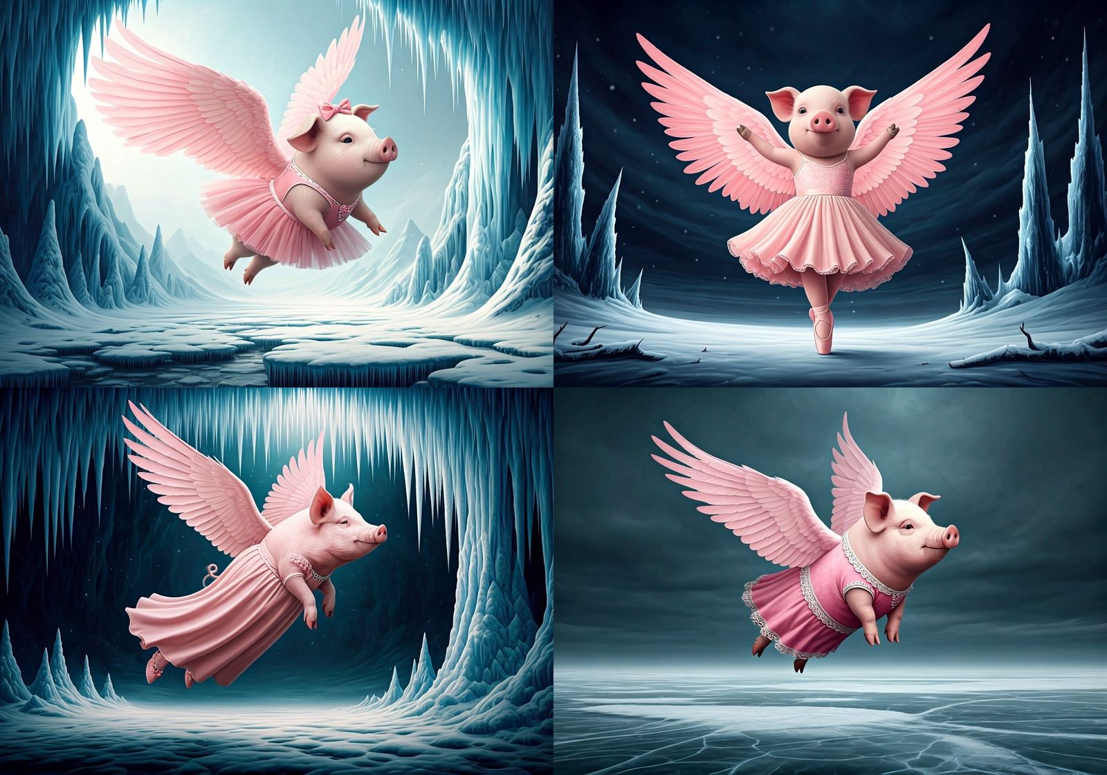 Whimsical Pink Pig Flies Over Frozen Wasteland