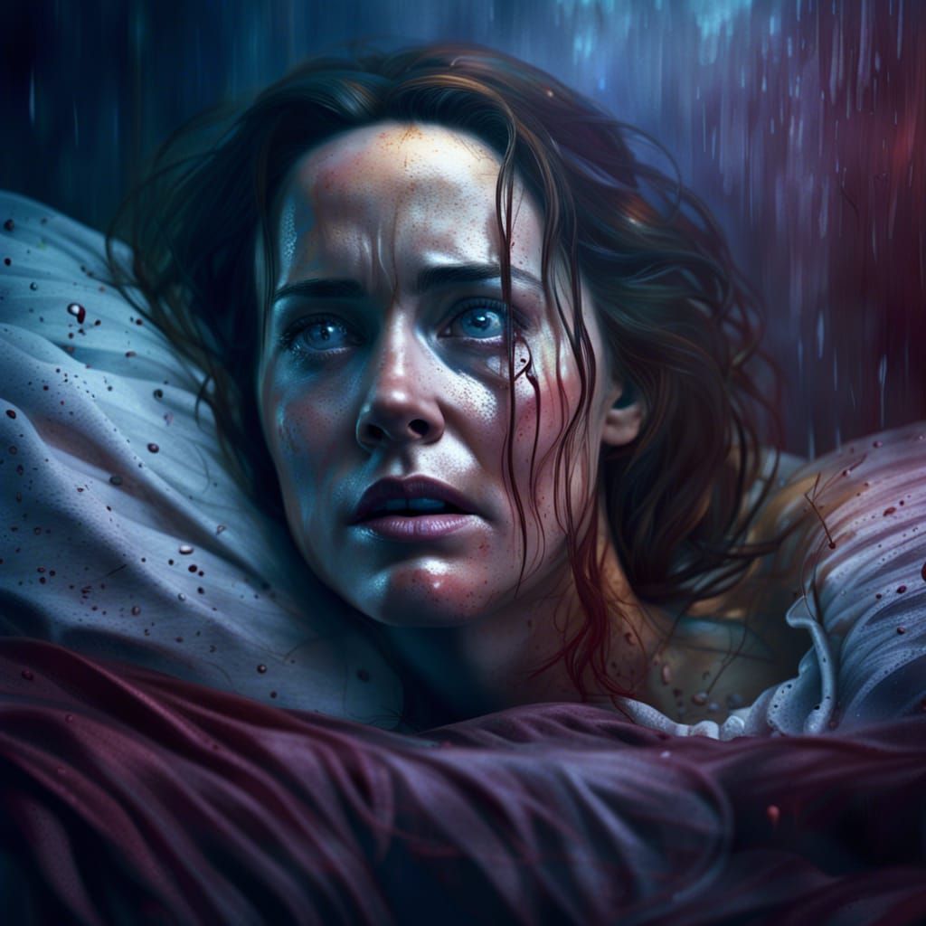 Frightened Woman Wakes After Nightmare: Detailed Matte Paint...