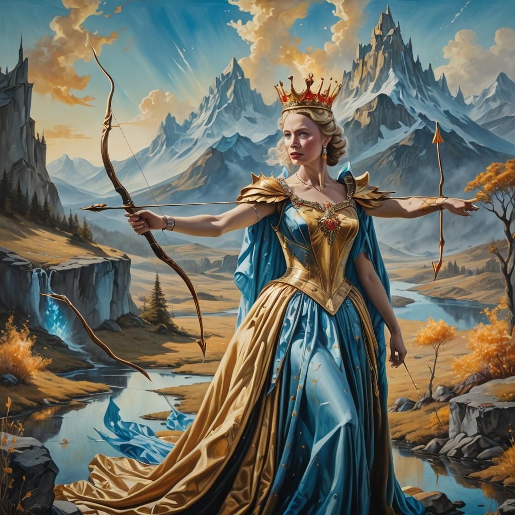 Surreal Queen Shoots Flaming Arrow: Oil Painting