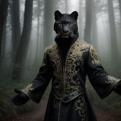 Black Leopard Magician in Misty Forest Portrait