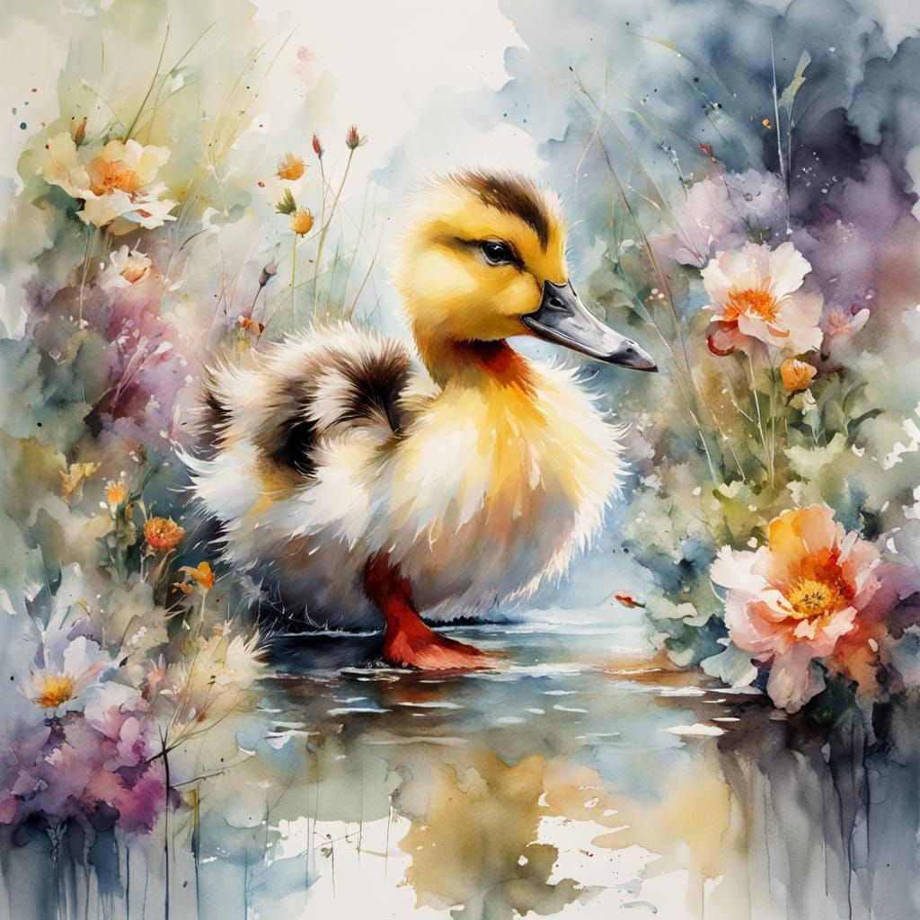 Playful Duckling in Watercolour River Garden