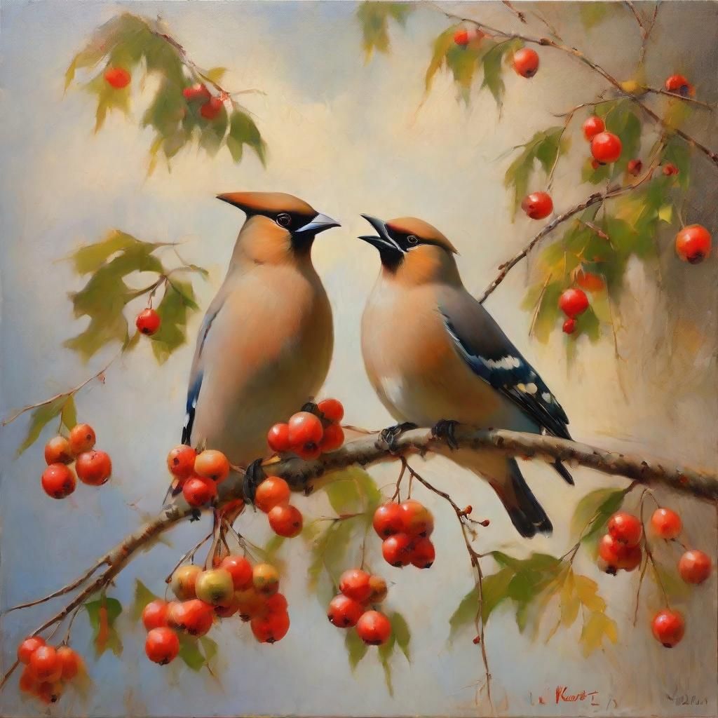 Waxwings in Rowan Tree: Impressionist Oil Painting