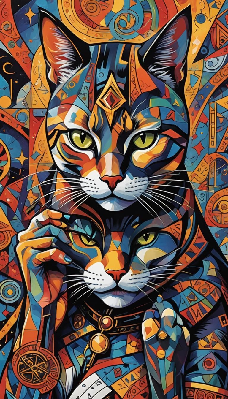 Catwoman Tarot Card in Cubist Surrealist Style