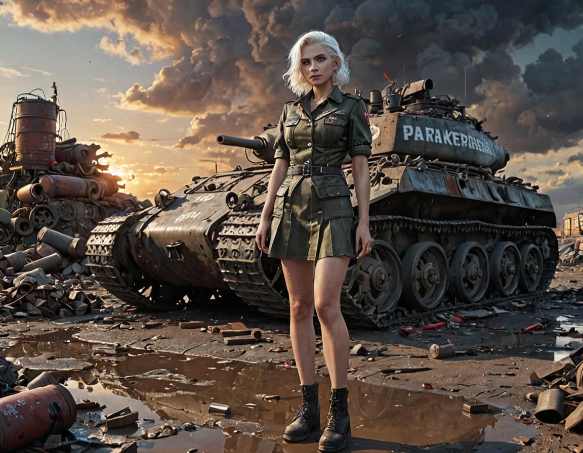 Dieselpunk Soldier Girl with Panzer Tank at Sunset