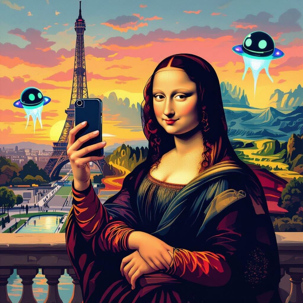 Mona Lisa Selfie with Aliens at Eiffel Tower