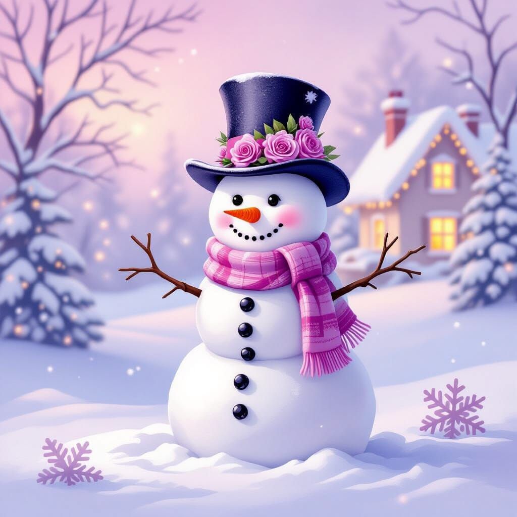 Snowman with Roses and Pink Scarf in Watercolor Style