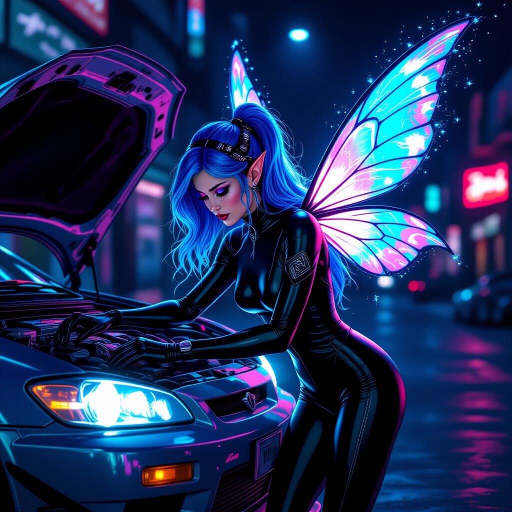 Fairy Mechanic in Cyberpunk Racing Scene