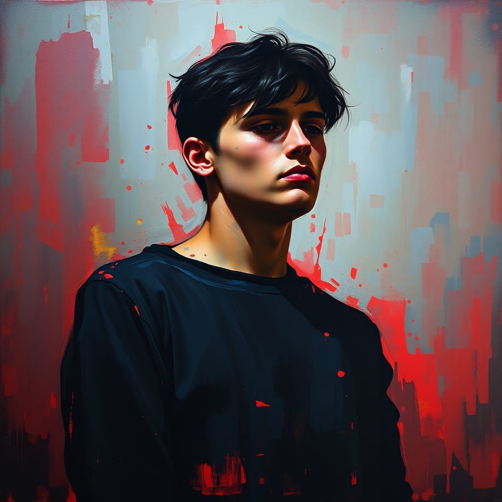 Figure Contemplating Abstract Depths in Red, Blue, and Gold