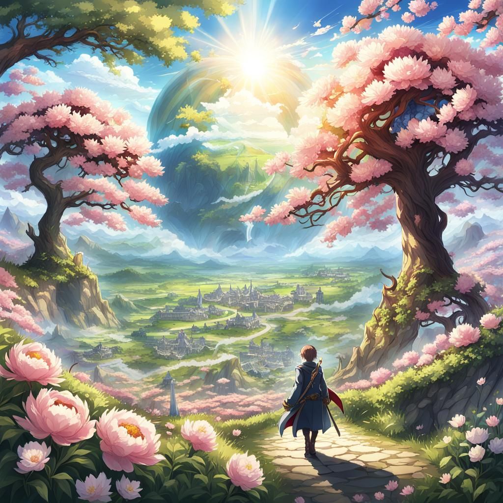 Epic Spring Gaming World in Anime Style