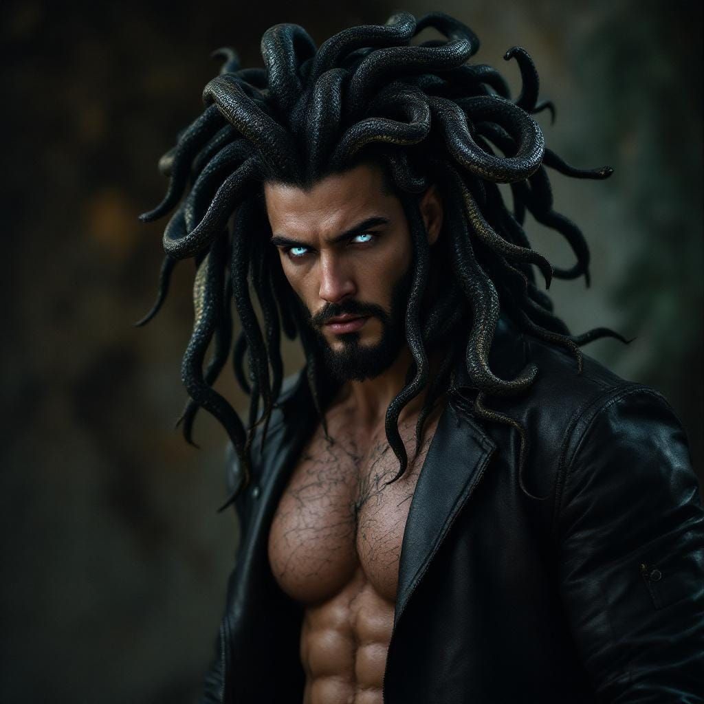 Handsome Medusa Hunk in Leather, Professional Photography