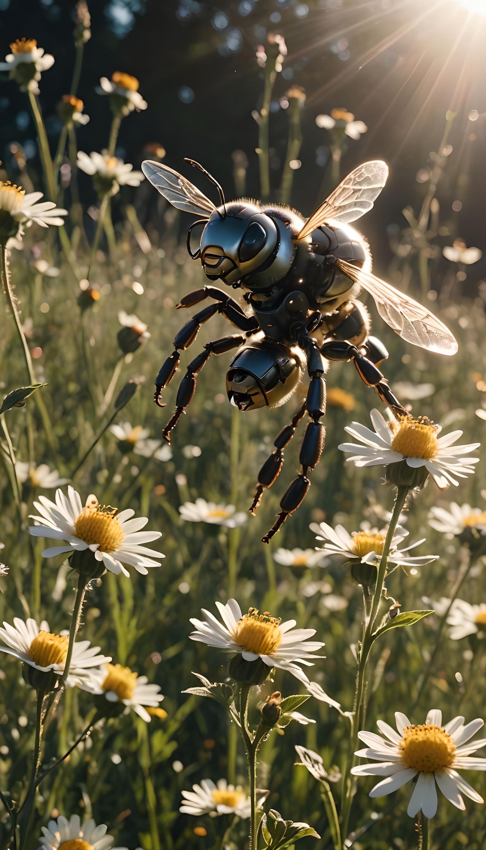 Robot Bee Collects Nectar: Cinematic Film Still