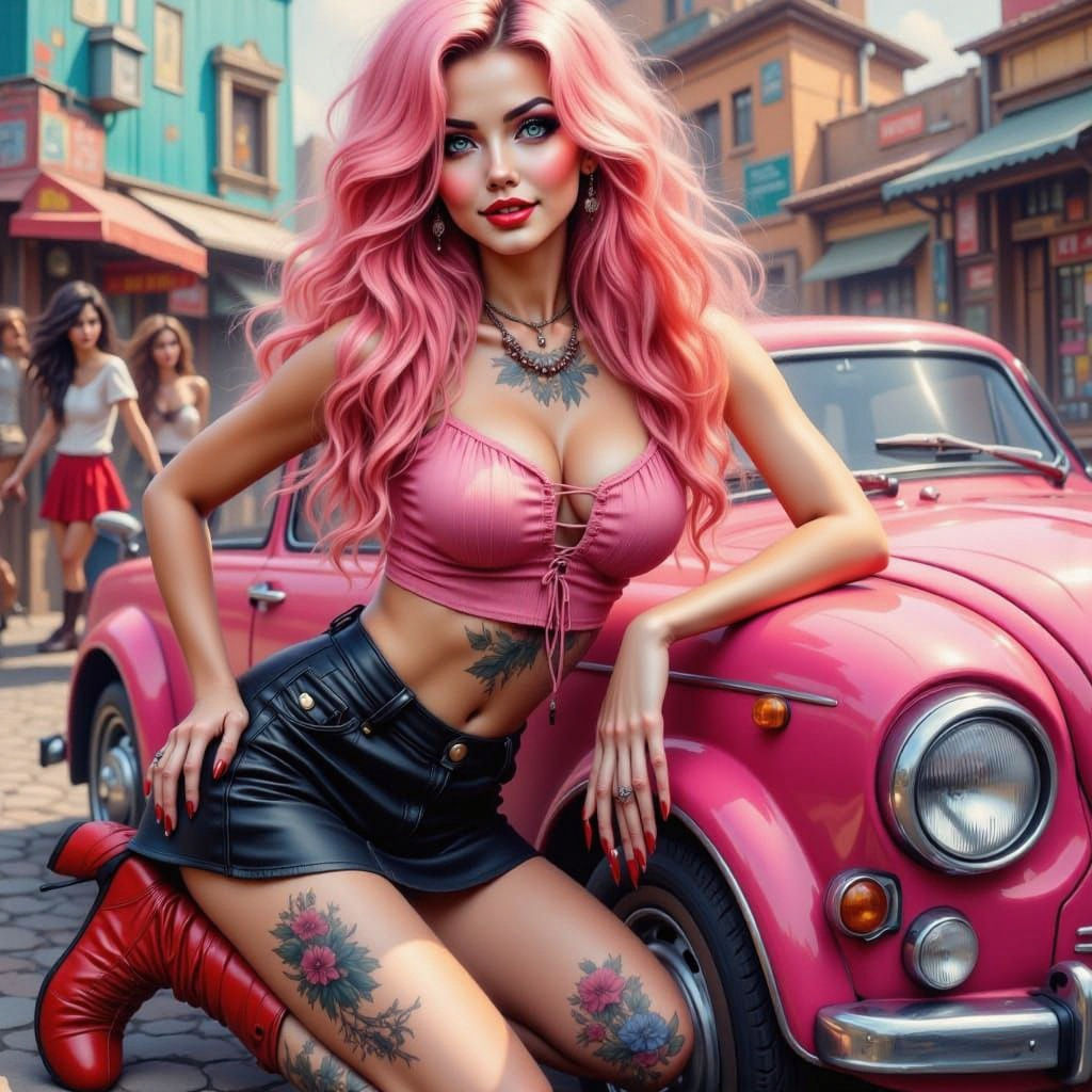 Inked Pin-Up Girl Posing Next to Pink Fiat 500