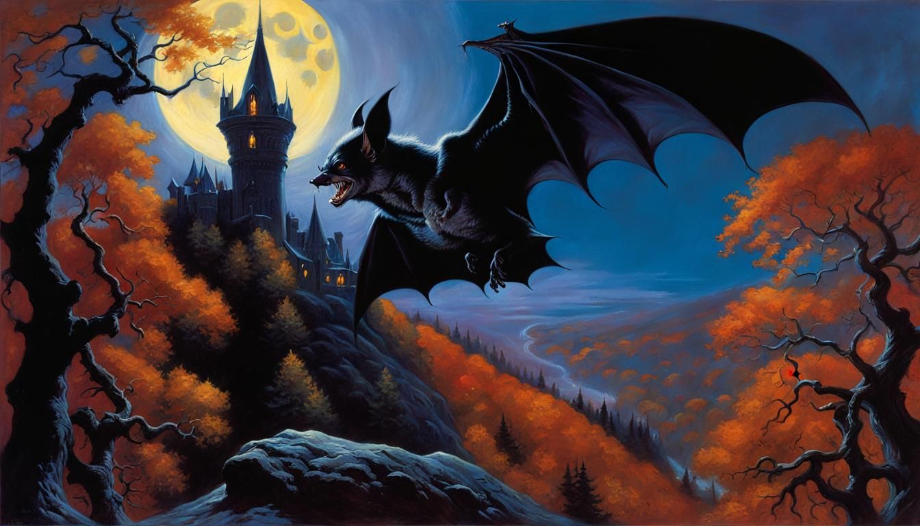 Epic Nocturnal Bat Over Gothic Castle, Vibrant Fantasy Art