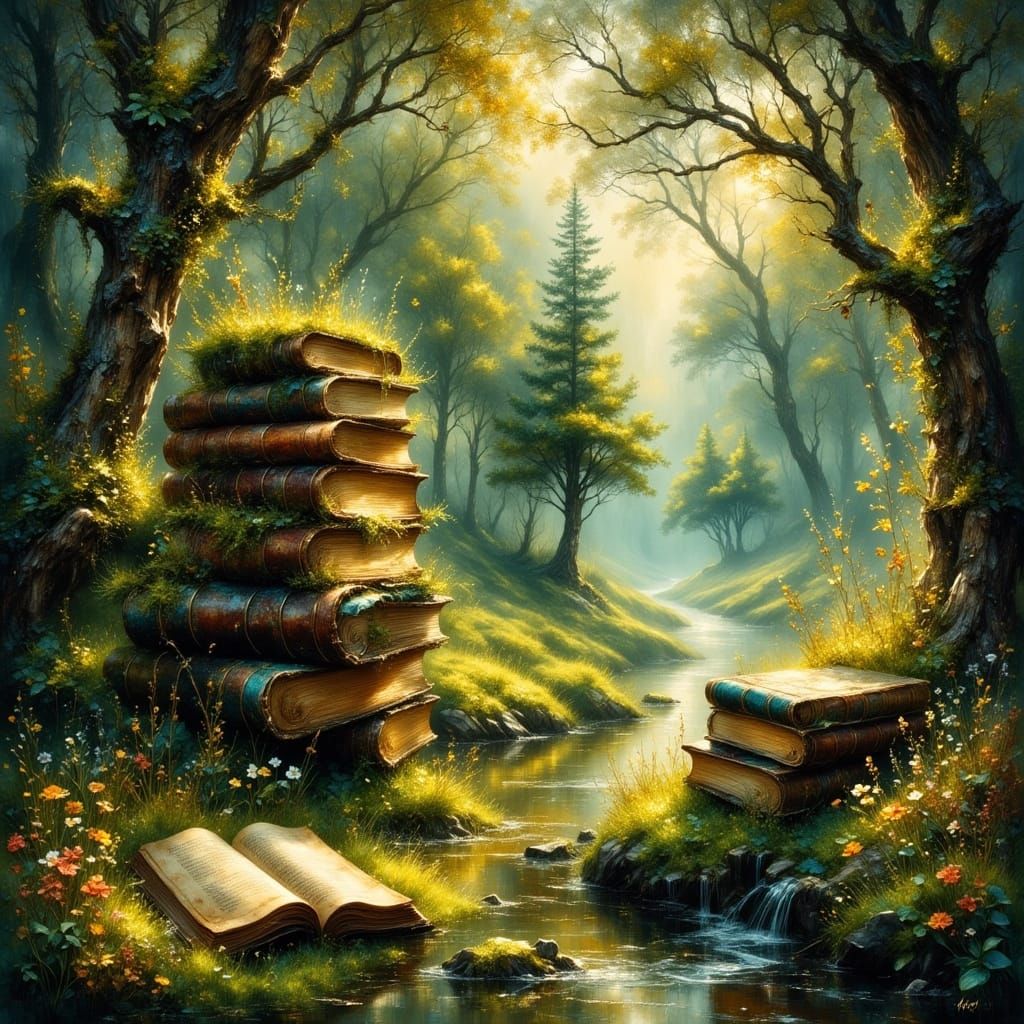 Moss-Covered Books in Ethereal Fantasy Landscape