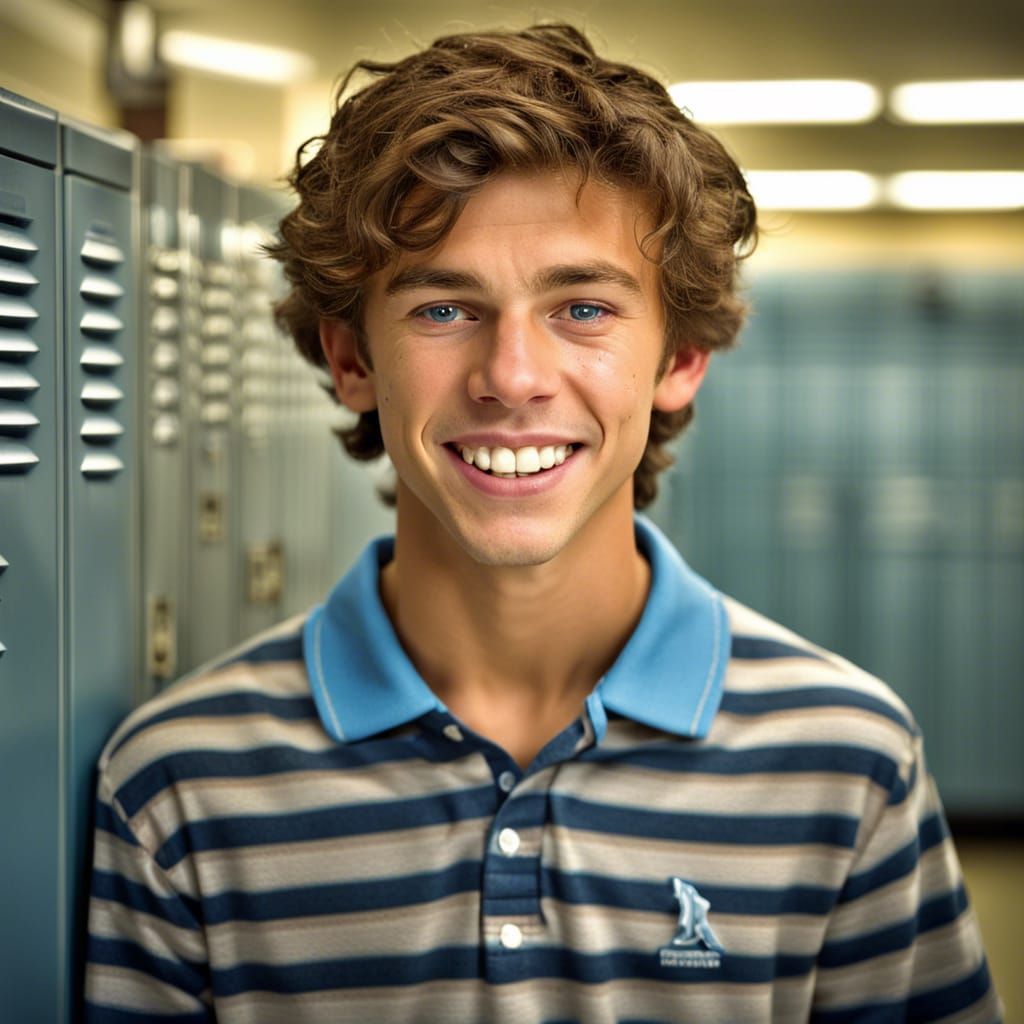 Hyperrealistic Teenager with Braces in Locker Room