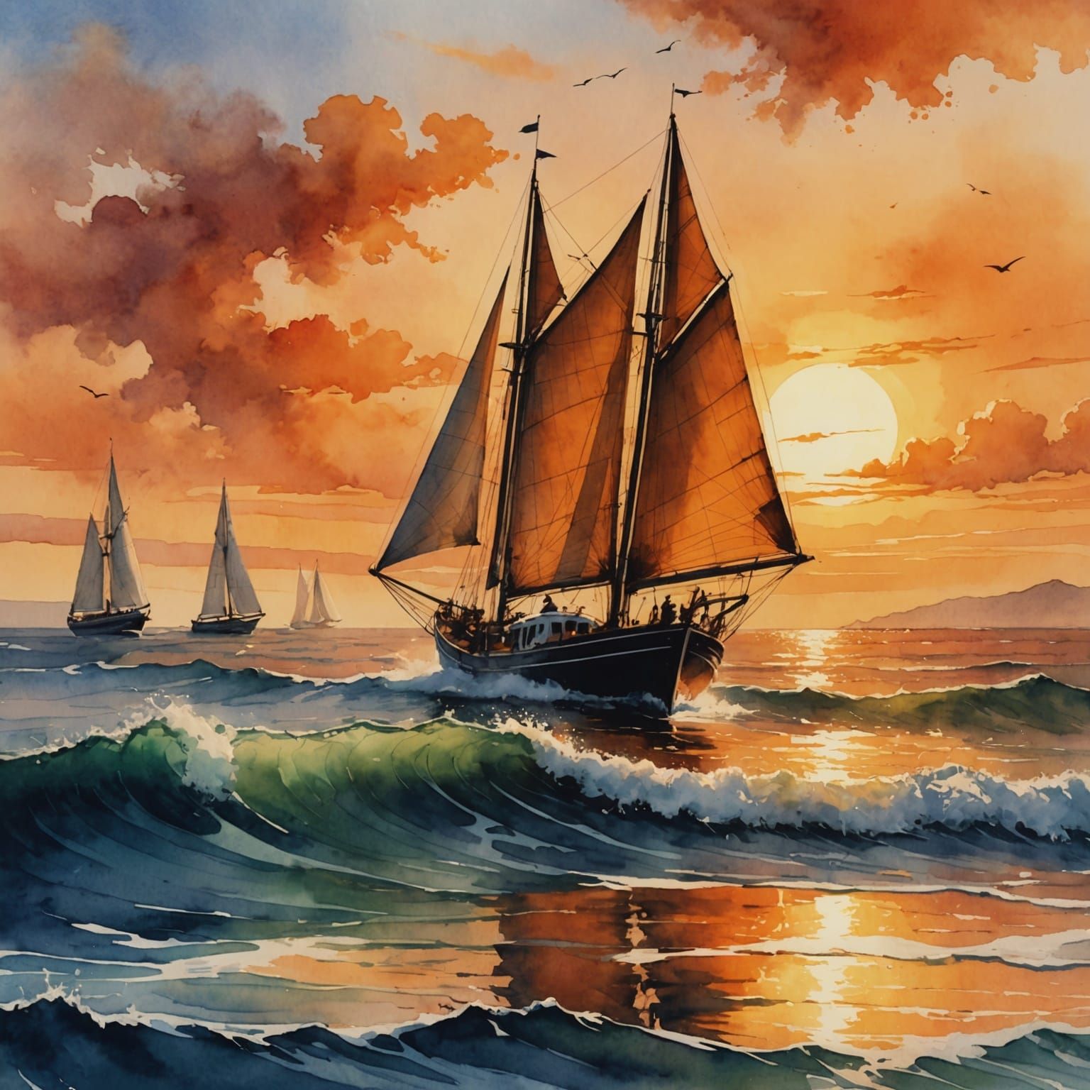Sailboat at Sunset: Watercolor and Ink Painting