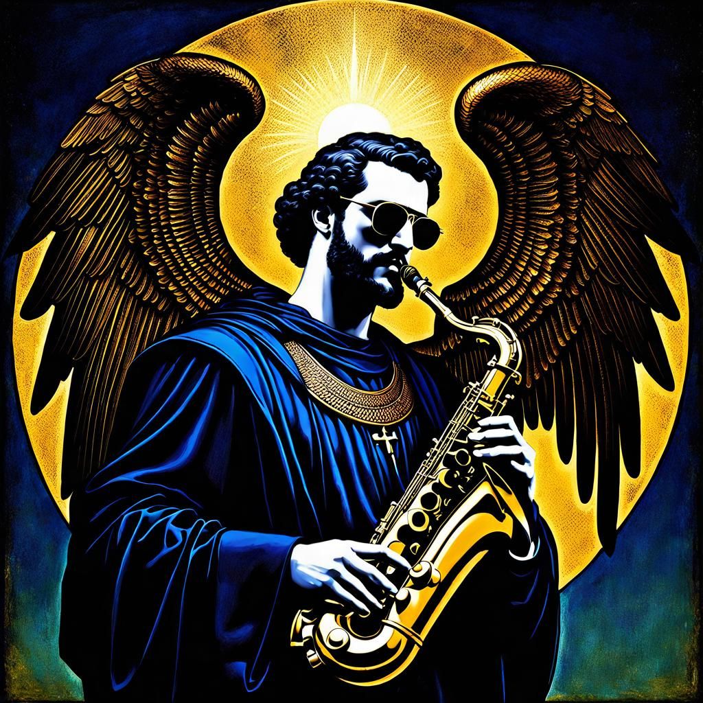 Archangel Gabriel Plays Saxophone in Ink Art Style