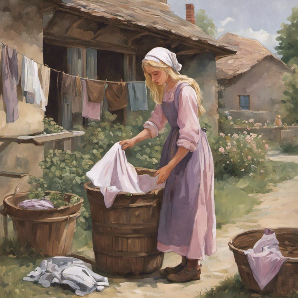 Peasant Girl Doing Laundry in Garden