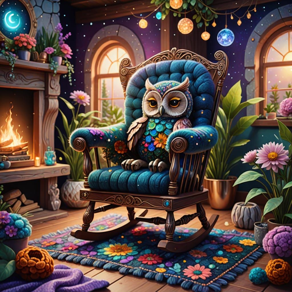 Owlets Sleeping in Magical Rocking Chair, Mixed Media