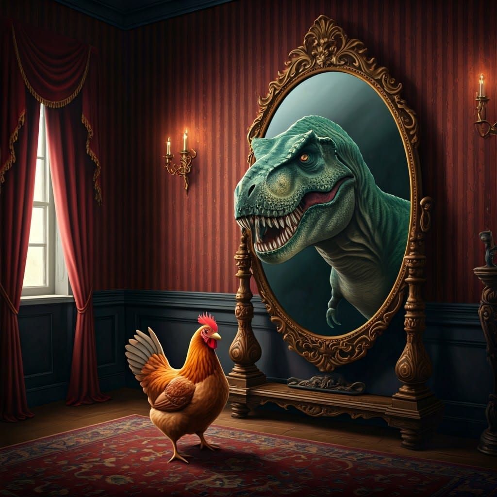 Hen's Reflection: Dinosaur in Victorian Mirror