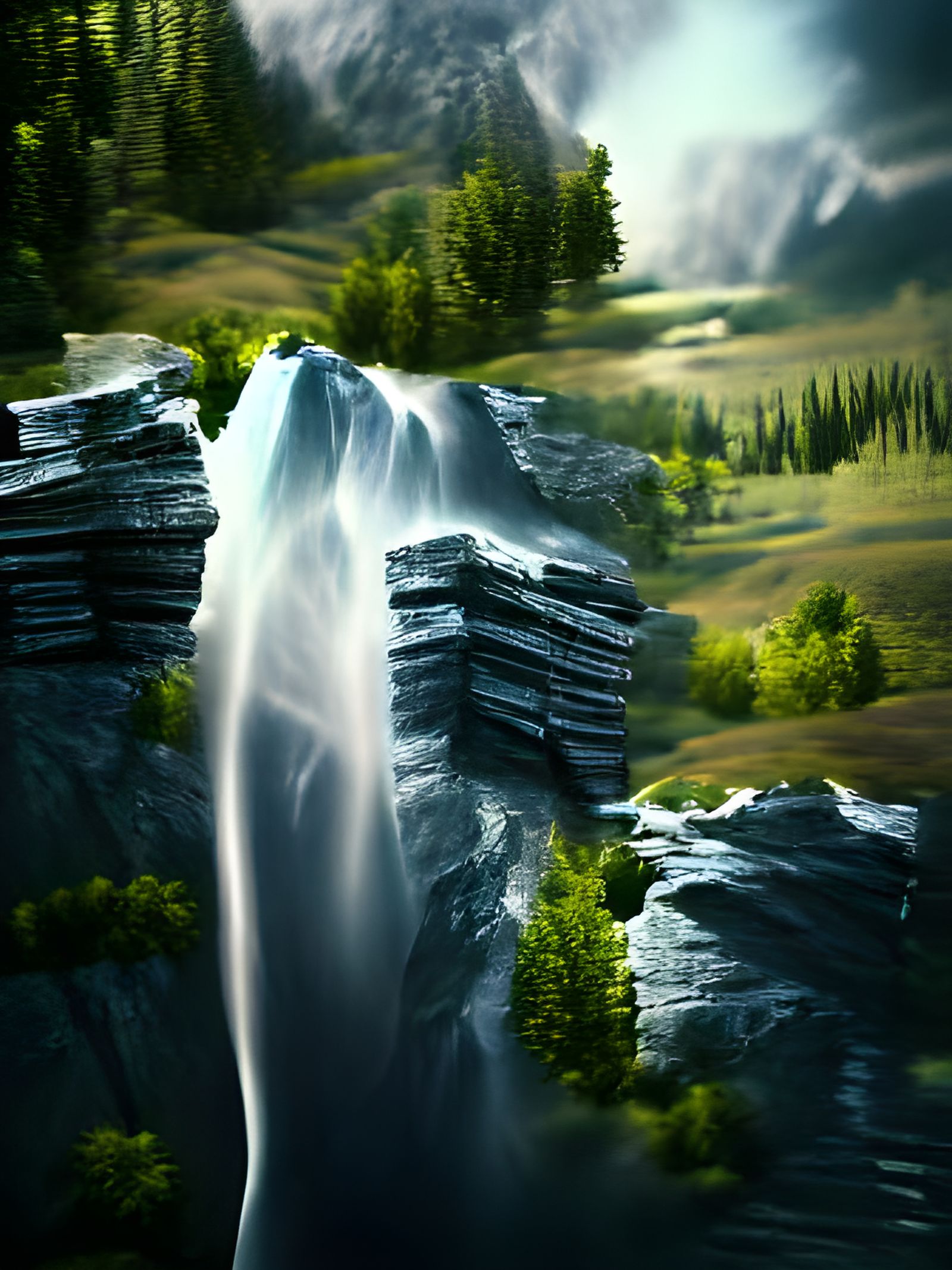 Mountainside waterfall matte painting