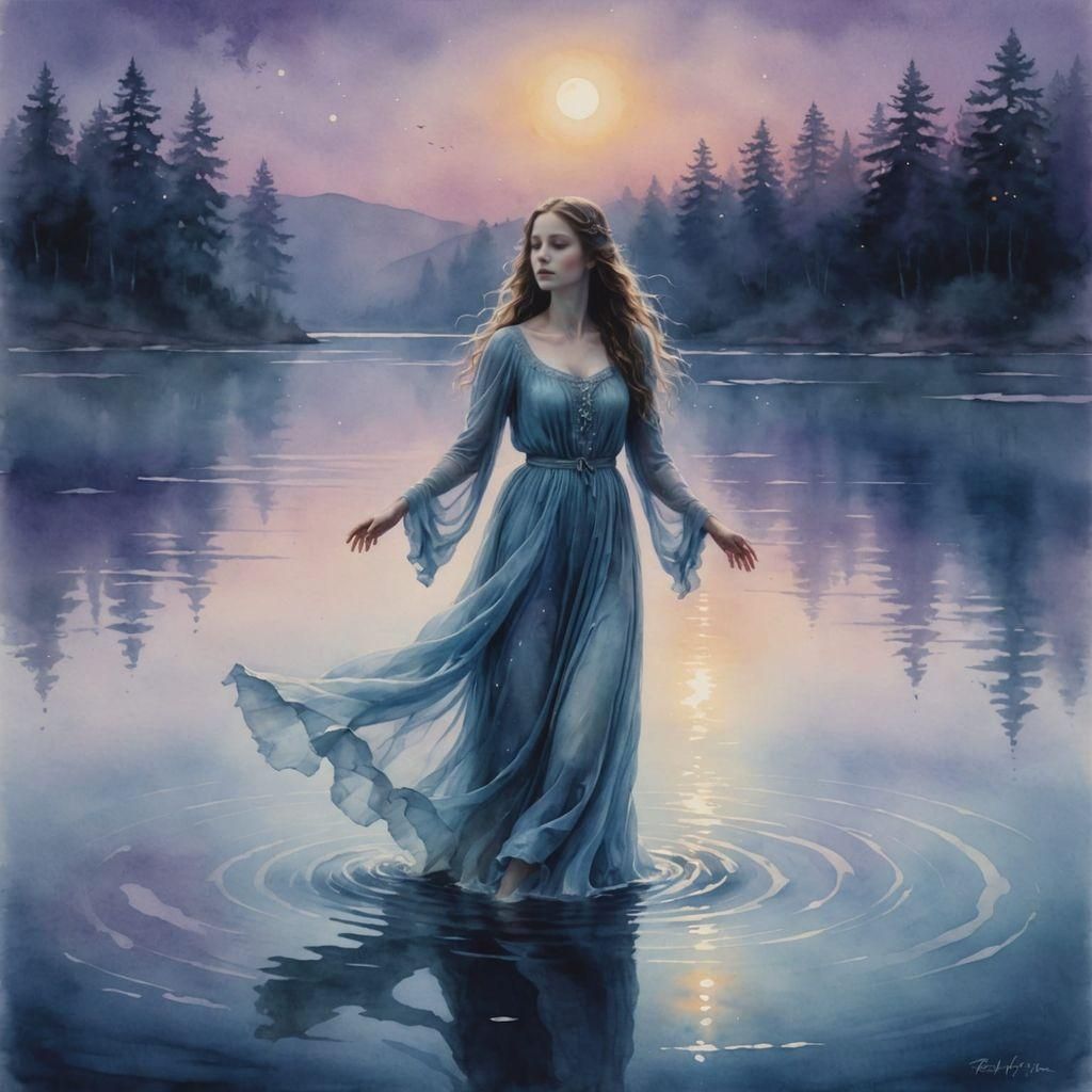 Ethereal Moonlit Watercolor Ghost Dancing on a Serene Lake