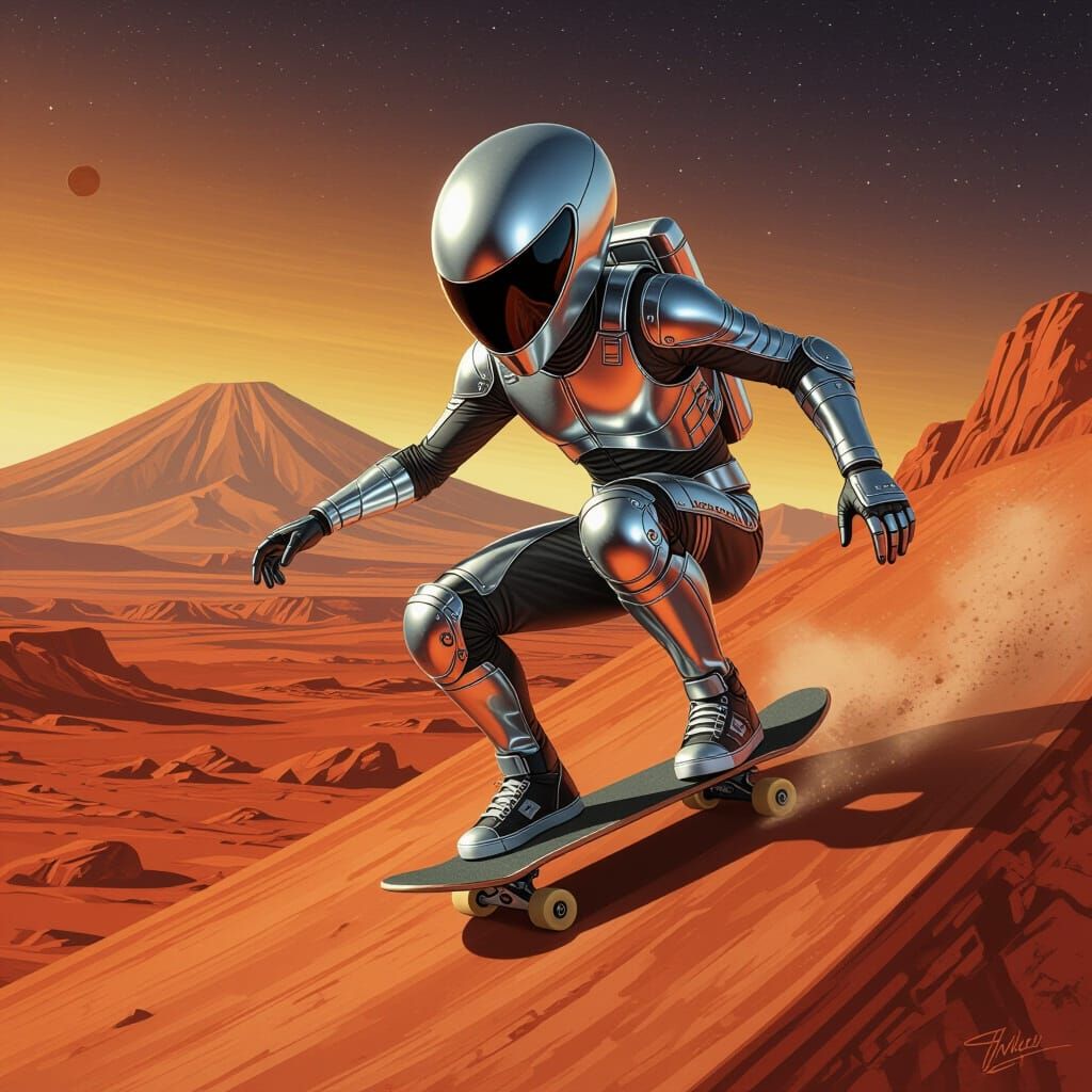 Alien Skateboarder on Mars in Comic Book Style
