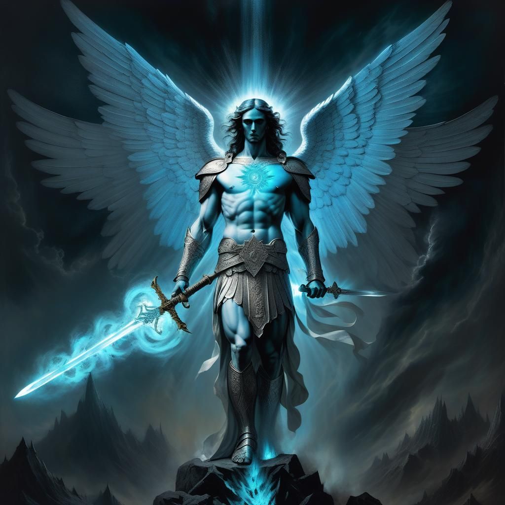 Archangel with Bioluminescent Wings, Gustave Doré Style