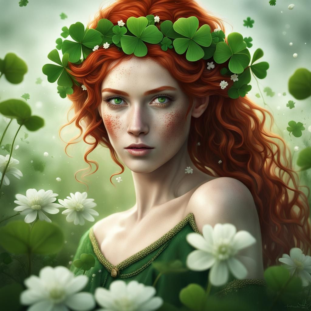 Beautiful Irish Woman Surrounded by Clovers: Matte Painting