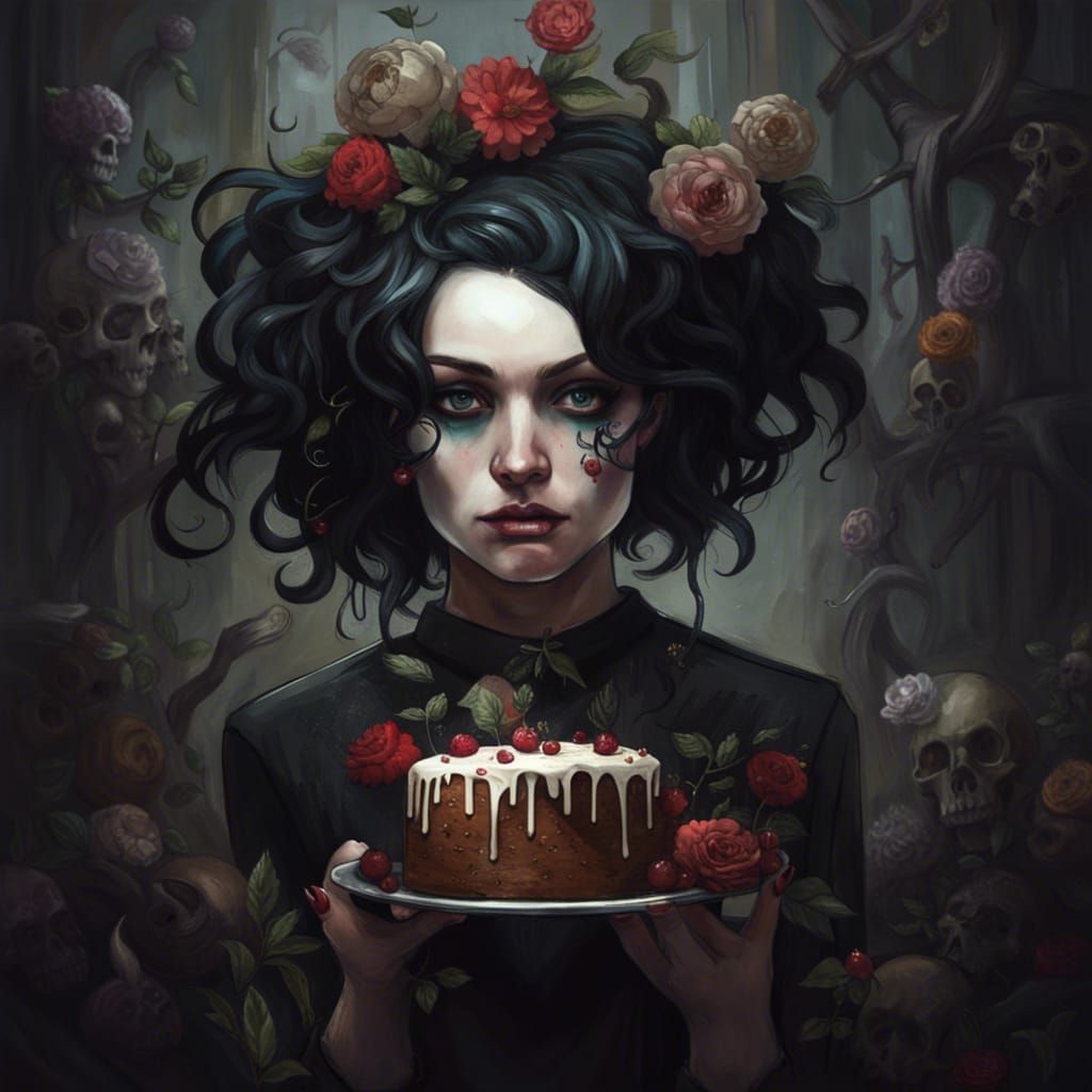 Gothic Girl with Skull Cake: Detailed Fantasy Portrait