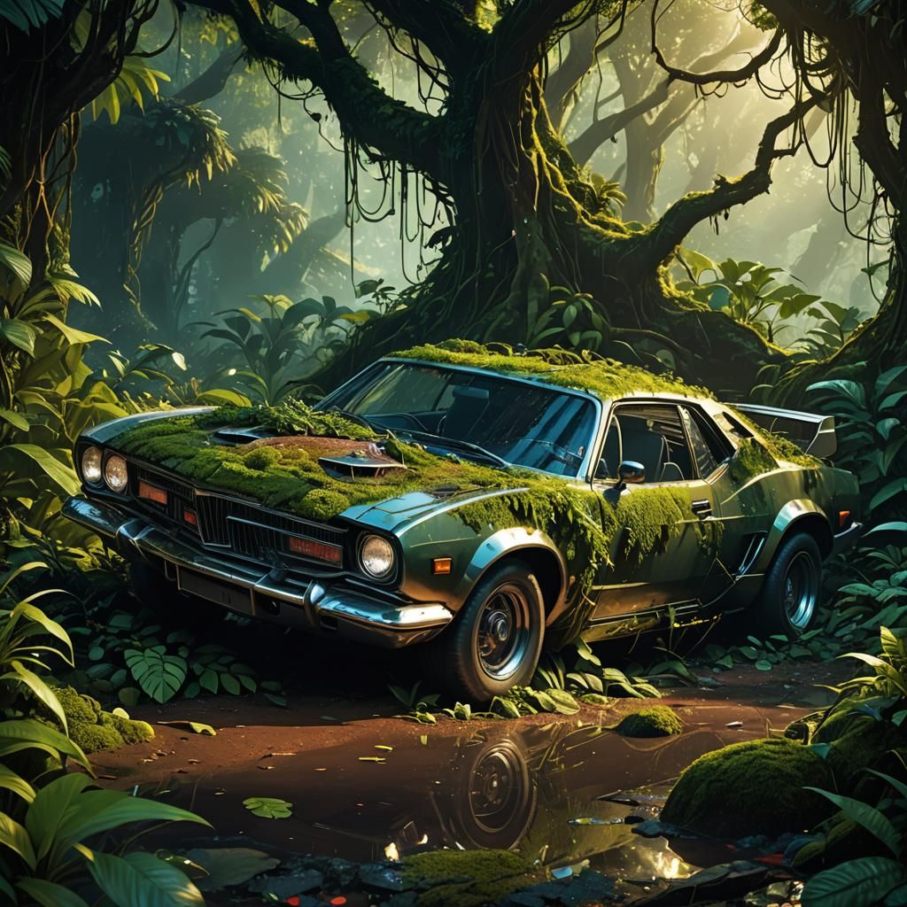 Futuristic Car Wreck in Overgrown Jungle