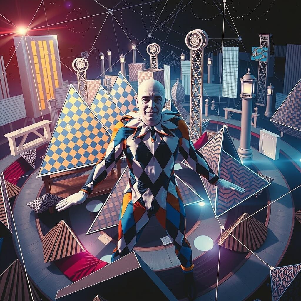 Harlequin Figure in Hypnotic Geometric Maze