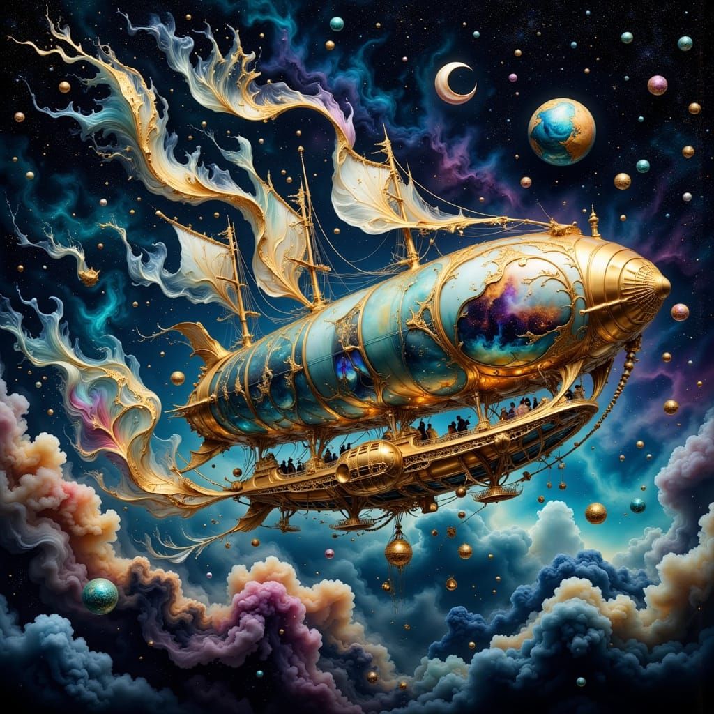 Zeppelin Navigating Cosmos in Victorian Surrealism