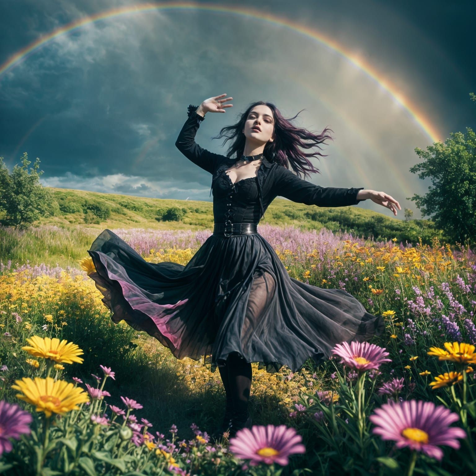 Goth Woman Dancing Under Rainbow in Flower Field