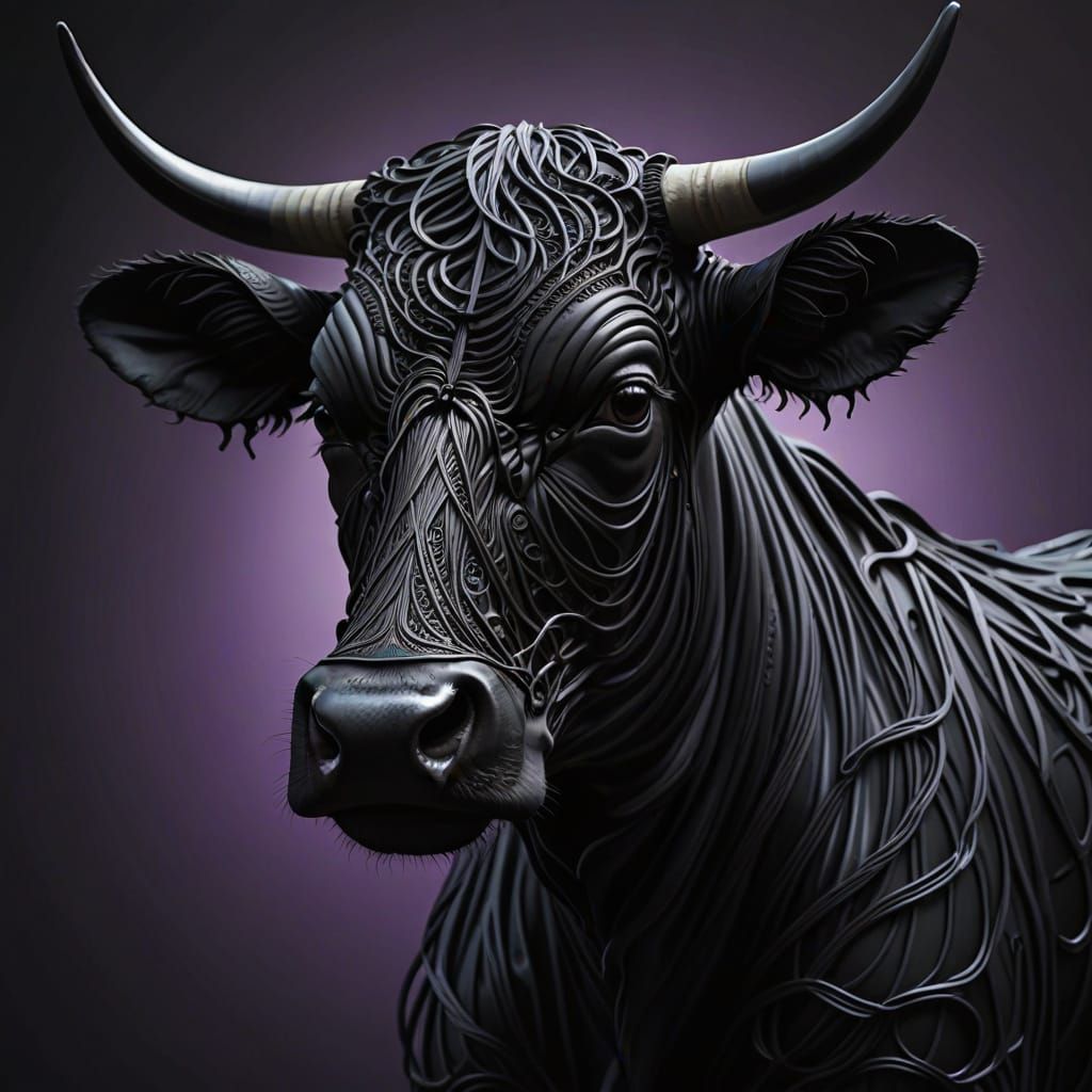 Surreal Licorice Cow Sculpture in Dramatic Light