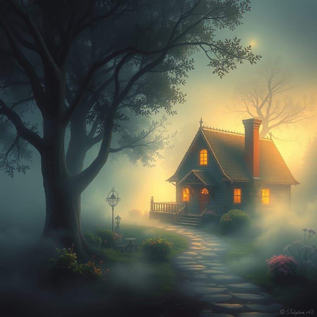 Enchanting Cottage in Ethereal Mist with Warm Light