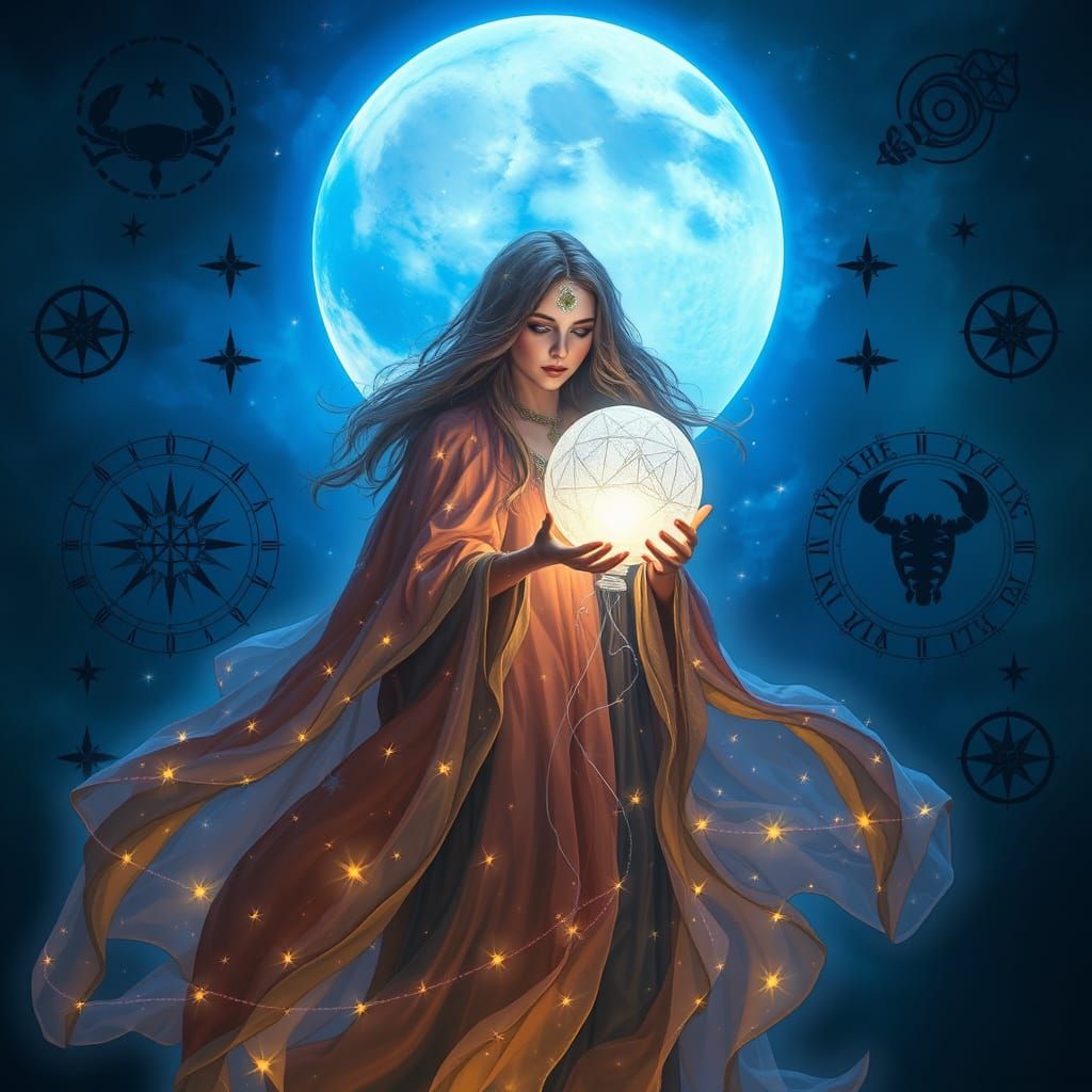 Mystic Woman with Starry Cloak and Glowing Balloon