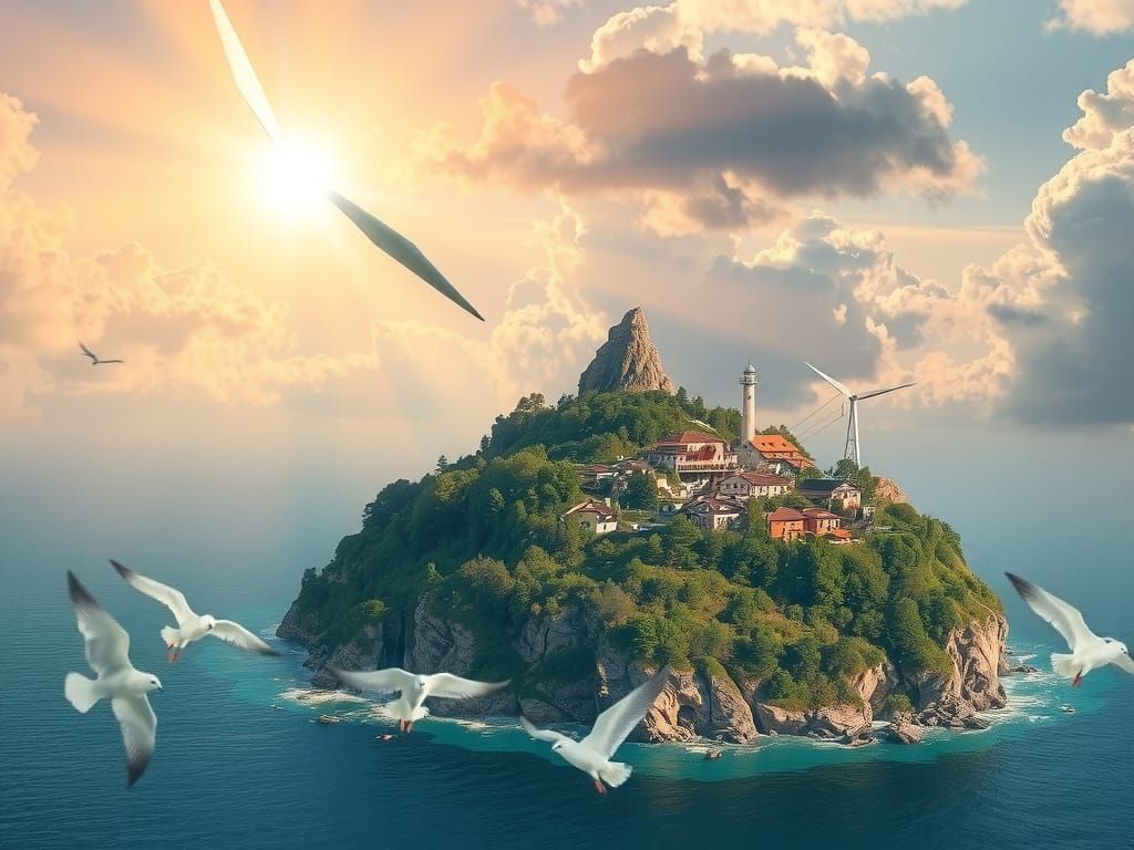 Eine Insel angetrieben im Meer, auf der Insel ist ein Berg, ...