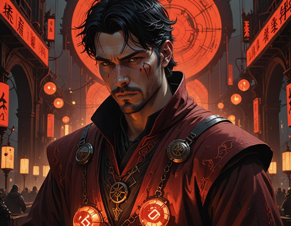 Chiseled Red Mage with Crimson Robes and Glowing Runes