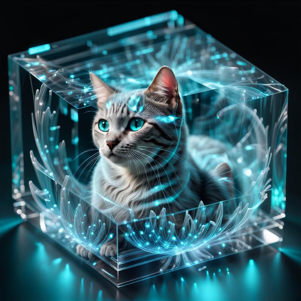 Hyperrealistic Crystal Hologram of a Cat Box