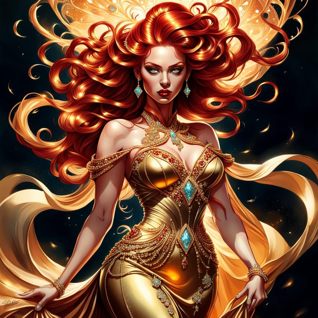 Voluptuous Woman in Gold Fantasy Dress: Digital Art