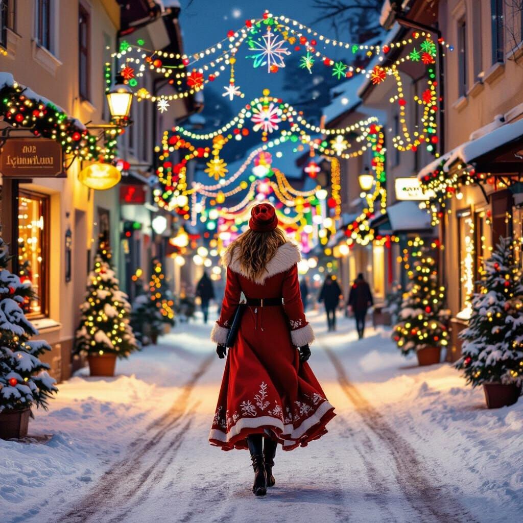 Festive Woman on Snowy Samobor Christmas Street